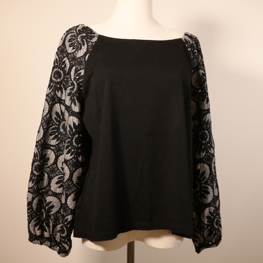 Ann Taylor Factory Black Lace Sleeve Knit Top Boat Neck XL
